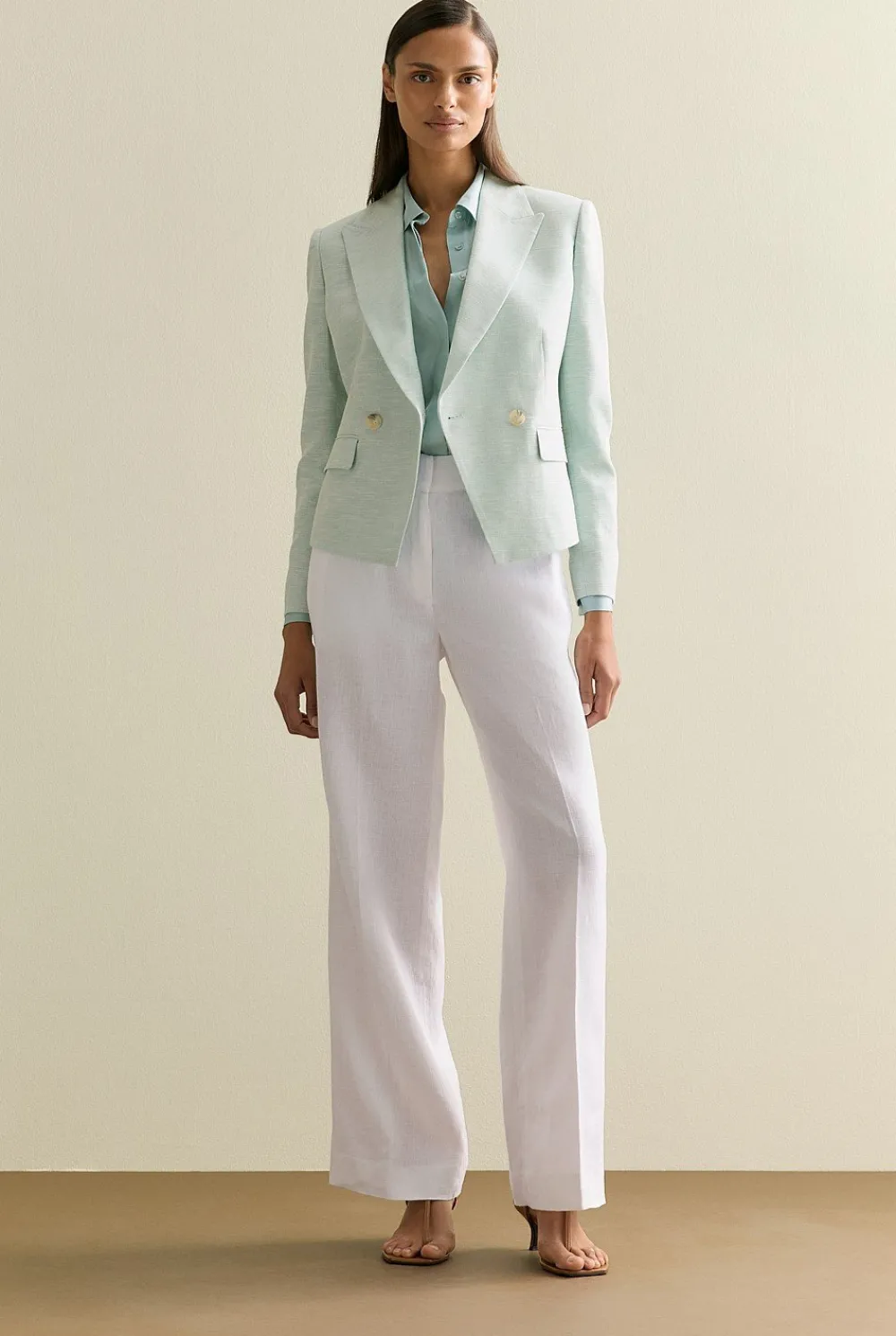 Outerwear>Trenery Linen Cotton Double Breasted Blazer PaleSeafoam