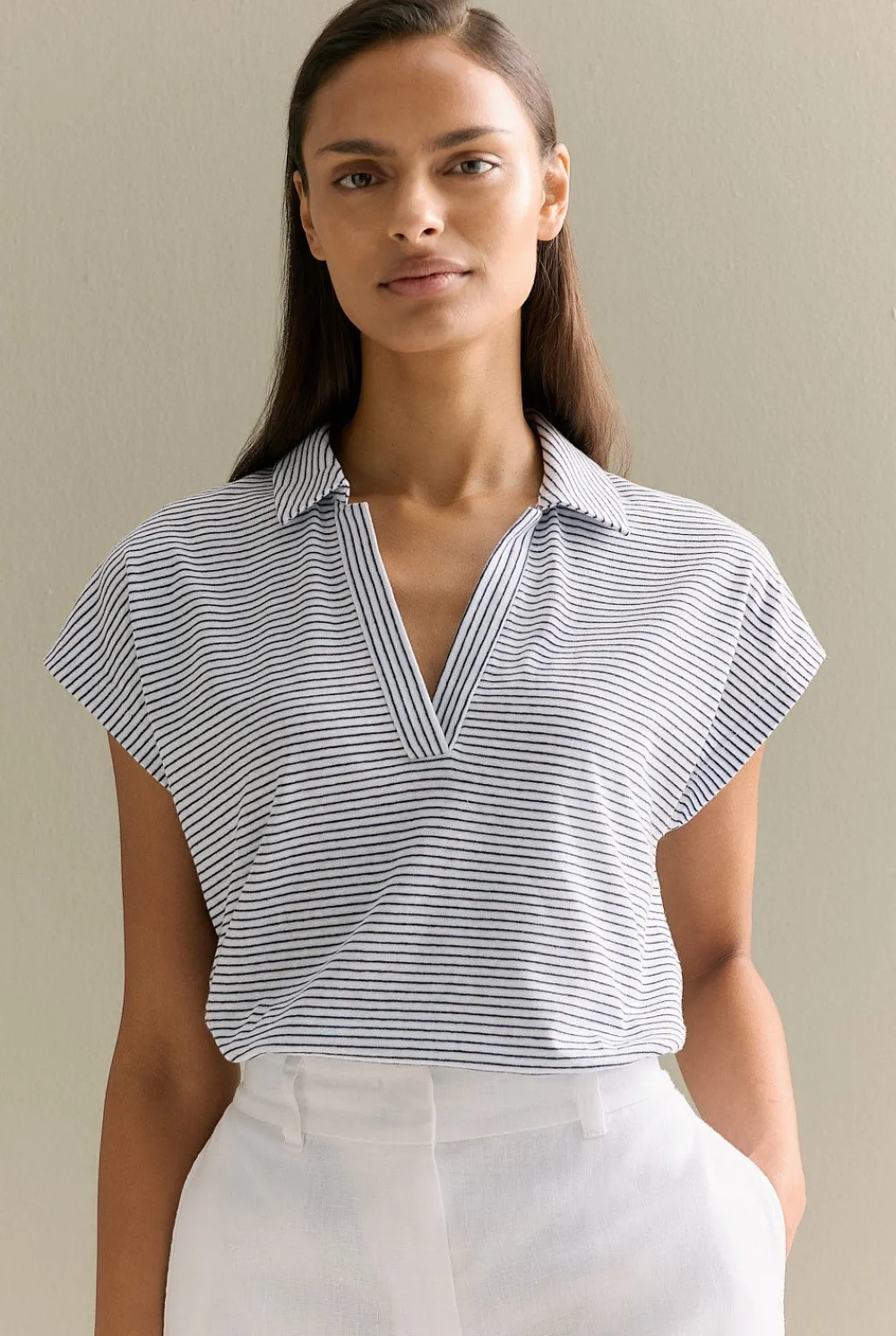 T-shirts & Tops>Trenery Linen Cotton Stripe Relaxed Cap Sleeve Polo Navy