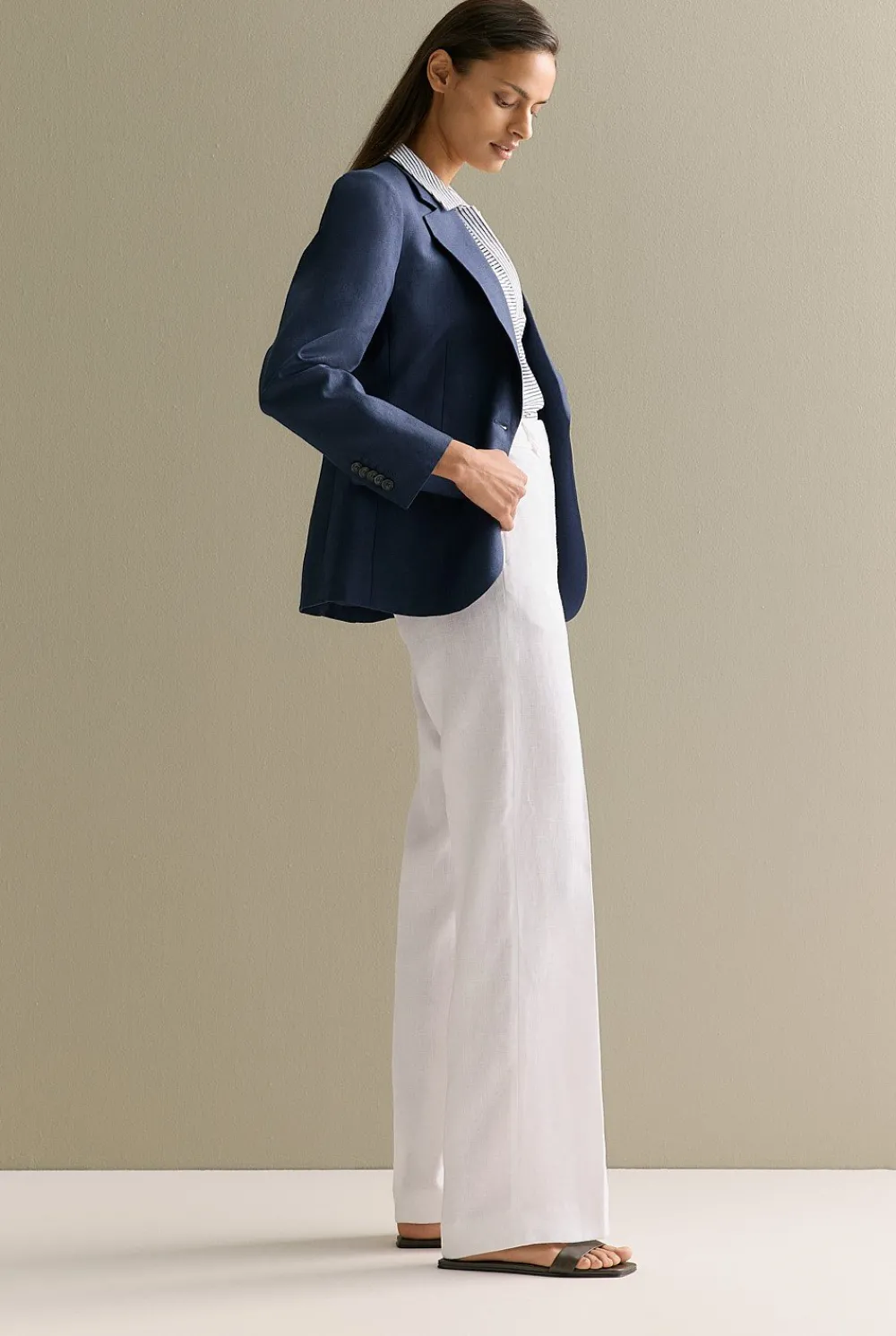T-shirts & Tops>Trenery Linen Cotton Stripe Relaxed Cap Sleeve Polo Navy