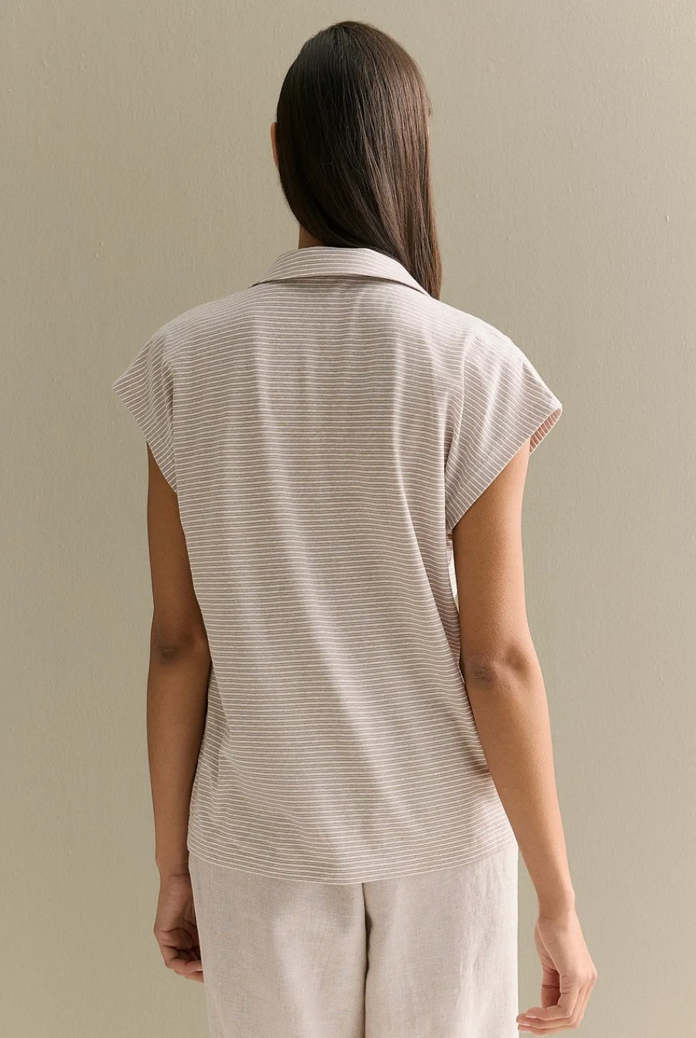 T-shirts & Tops>Trenery Linen Cotton Stripe Relaxed Cap Sleeve Polo Biscuit