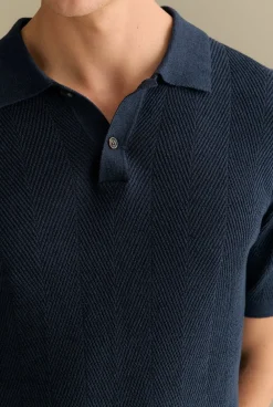 Polo Shirts|Knitwear>Trenery Linen Cotton Textured Stitch Polo Navy