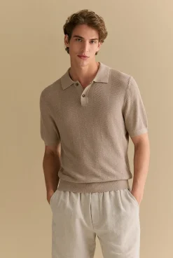 T-shirts|Polo Shirts>Trenery Linen Cotton Textured Stitch Polo Nutshell