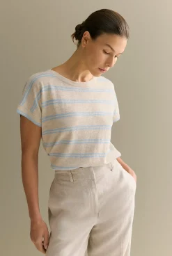 T-shirts & Tops|Knitwear>Trenery Linen Cotton Twin Stripe Relaxed T-shirt PaleBlue