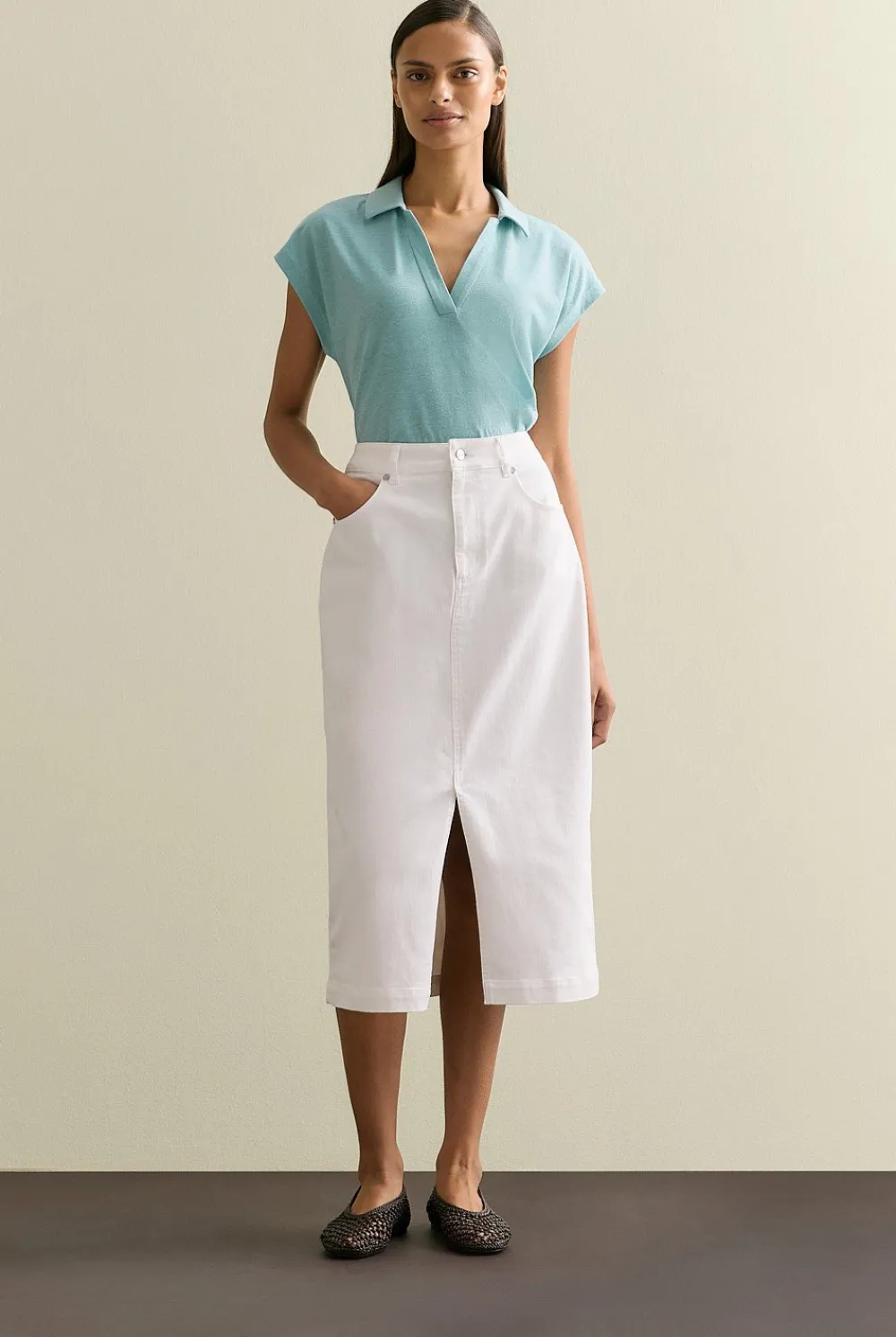 T-shirts & Tops>Trenery Linen Cotton V Neck Polo Seafoam