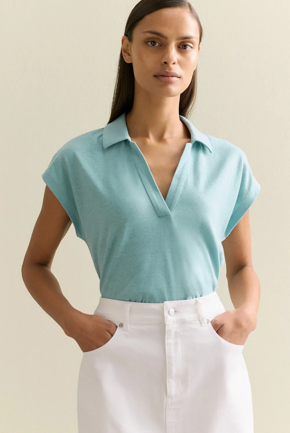 T-shirts & Tops>Trenery Linen Cotton V Neck Polo Seafoam