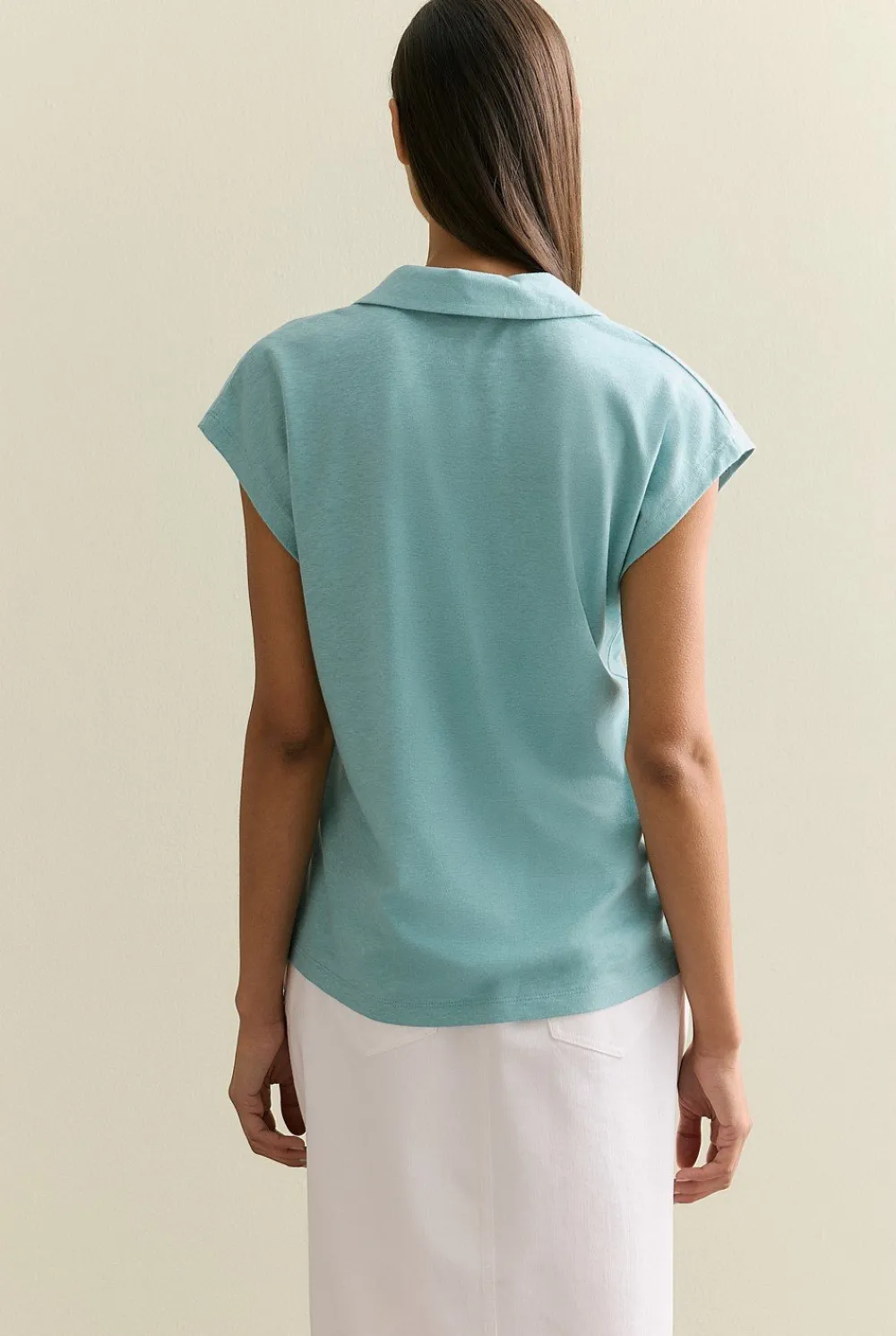 T-shirts & Tops>Trenery Linen Cotton V Neck Polo Seafoam