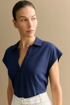 T-shirts & Tops>Trenery Linen Cotton V Neck Polo Navy