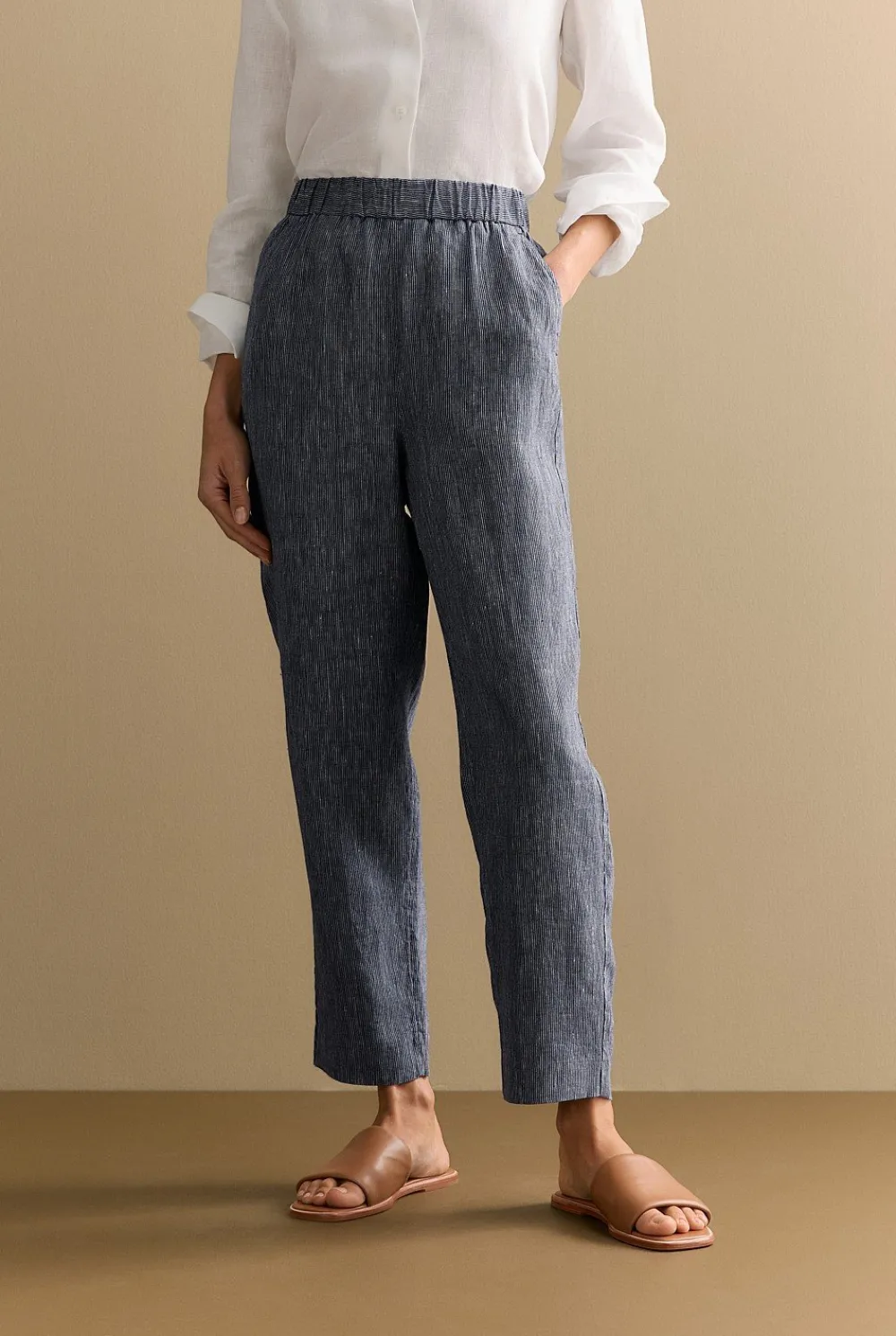 Pants>Trenery Linen End on End Stripe Pull On Pant Navy