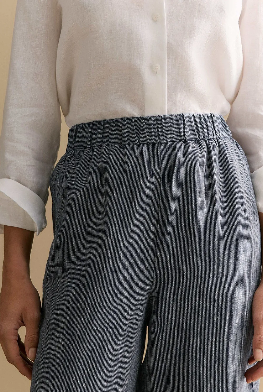 Pants>Trenery Linen End on End Stripe Pull On Pant Navy