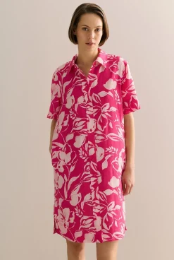 Dresses>Trenery Linen Floral Button Through Short Sleeve Shift Dress Fuchsia