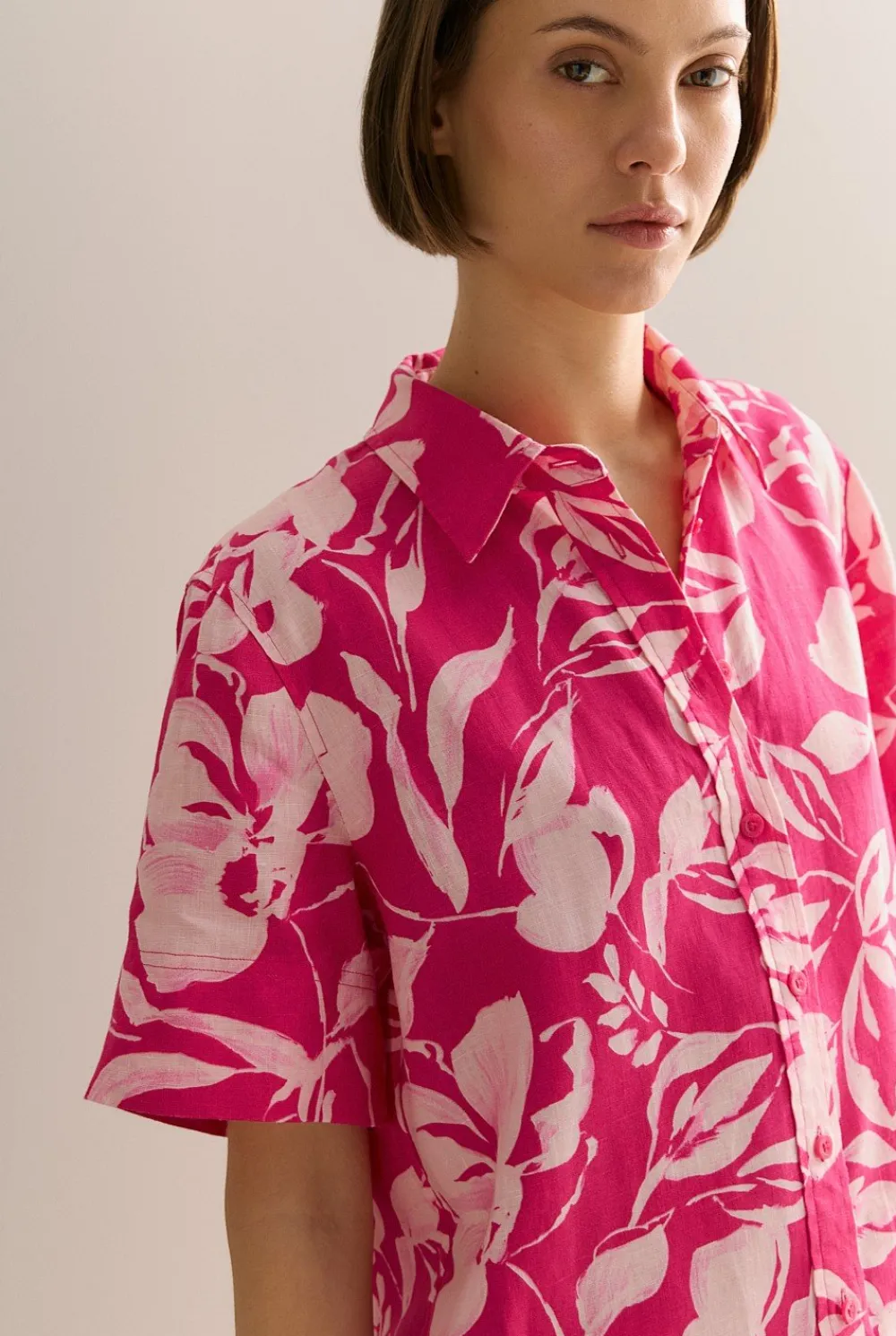 Dresses>Trenery Linen Floral Button Through Short Sleeve Shift Dress Fuchsia