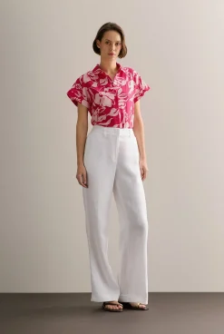 Shirts>Trenery Linen Floral Relaxed Cap Sleeve Shirt Fuchsia