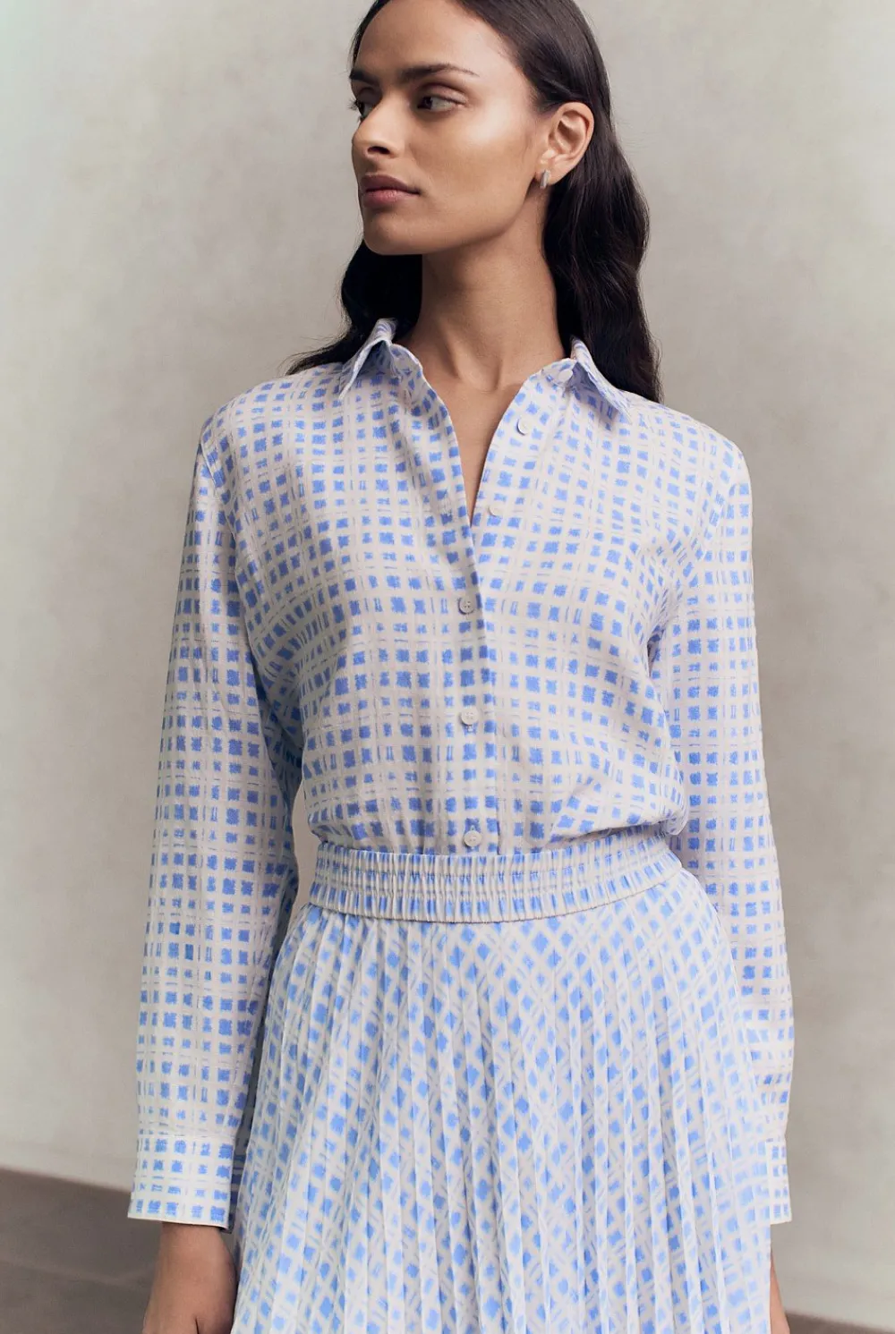 Shirts>Trenery Linen Geo Grid Print Shirt CornflowerBlue