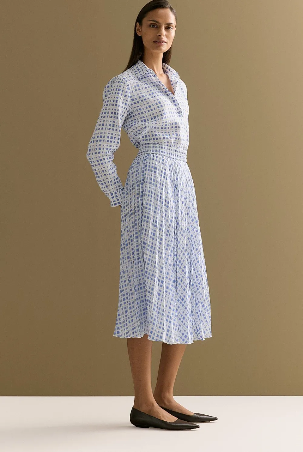 Shirts>Trenery Linen Geo Grid Print Shirt CornflowerBlue