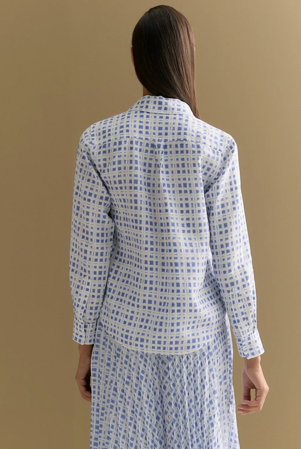 Shirts>Trenery Linen Geo Grid Print Shirt CornflowerBlue