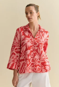 Shirts>Trenery Linen Hibiscus Relaxed Popover Shirt TrueRed