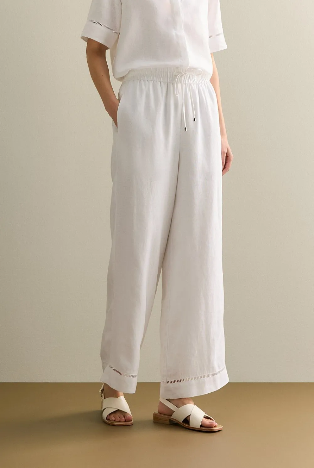 Pants|The Linen Edit>Trenery Linen Ladder Stitch Detail Pull On Pant White
