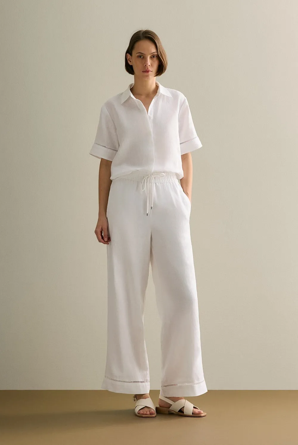 Pants|The Linen Edit>Trenery Linen Ladder Stitch Detail Pull On Pant White