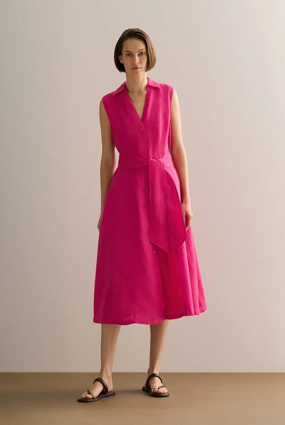 Dresses>Trenery Linen Panel Detail Sleeveless Shirt Dress Fuchsia