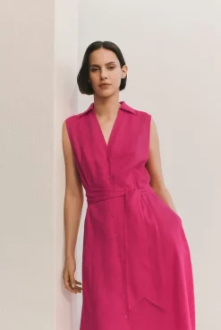 Dresses>Trenery Linen Panel Detail Sleeveless Shirt Dress Fuchsia