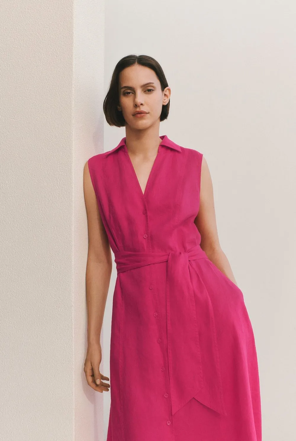 Dresses>Trenery Linen Panel Detail Sleeveless Shirt Dress Fuchsia