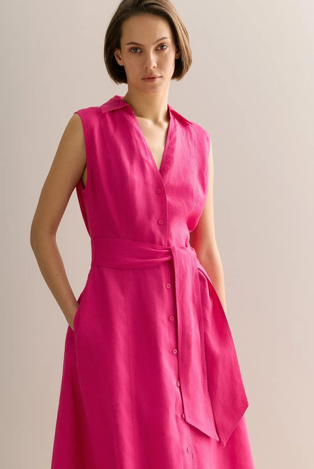 Dresses>Trenery Linen Panel Detail Sleeveless Shirt Dress Fuchsia