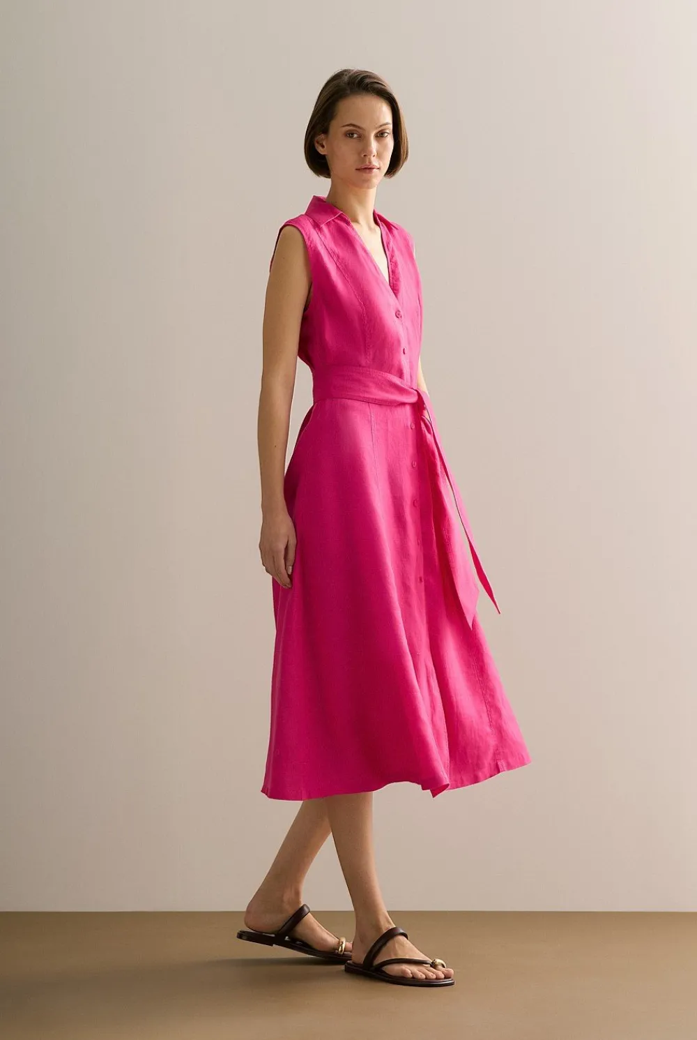 Dresses>Trenery Linen Panel Detail Sleeveless Shirt Dress Fuchsia