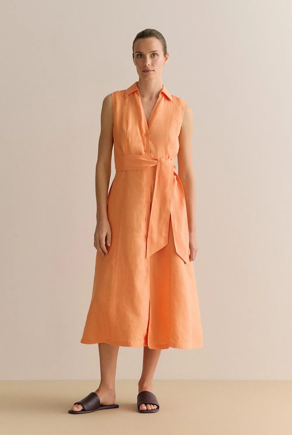 Dresses|Occasion Dresses & Outfits>Trenery Linen Panel Detail Sleeveless Shirt Dress Tangerine