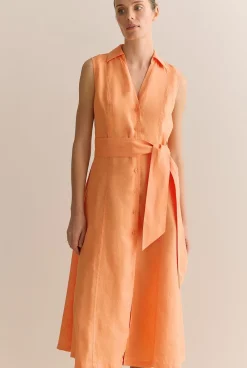 Dresses|Occasion Dresses & Outfits>Trenery Linen Panel Detail Sleeveless Shirt Dress Tangerine