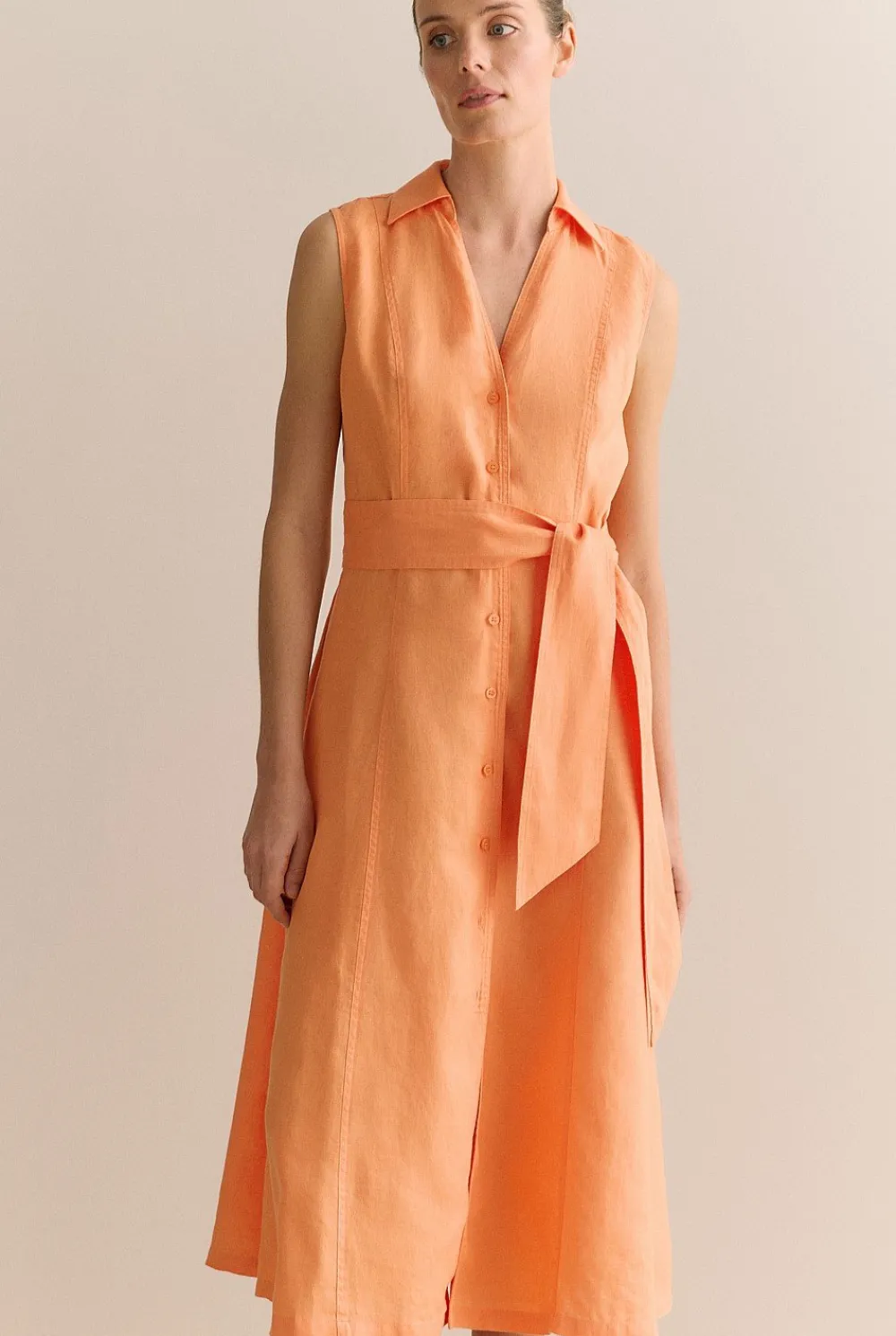 Dresses|Occasion Dresses & Outfits>Trenery Linen Panel Detail Sleeveless Shirt Dress Tangerine