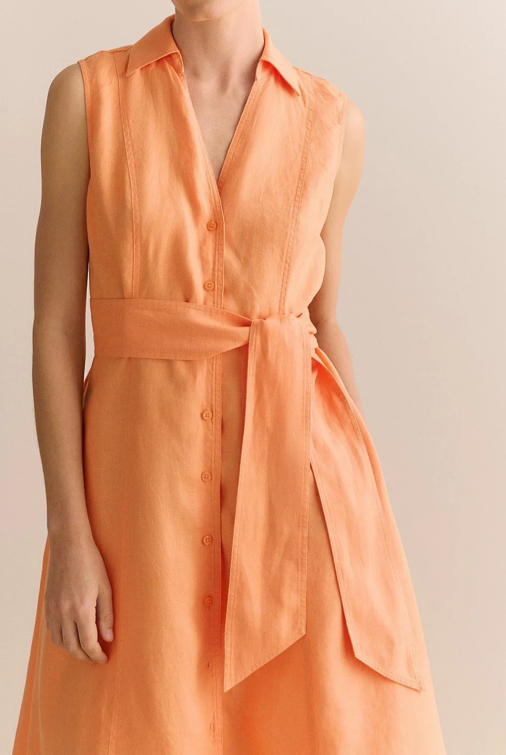Dresses|Occasion Dresses & Outfits>Trenery Linen Panel Detail Sleeveless Shirt Dress Tangerine