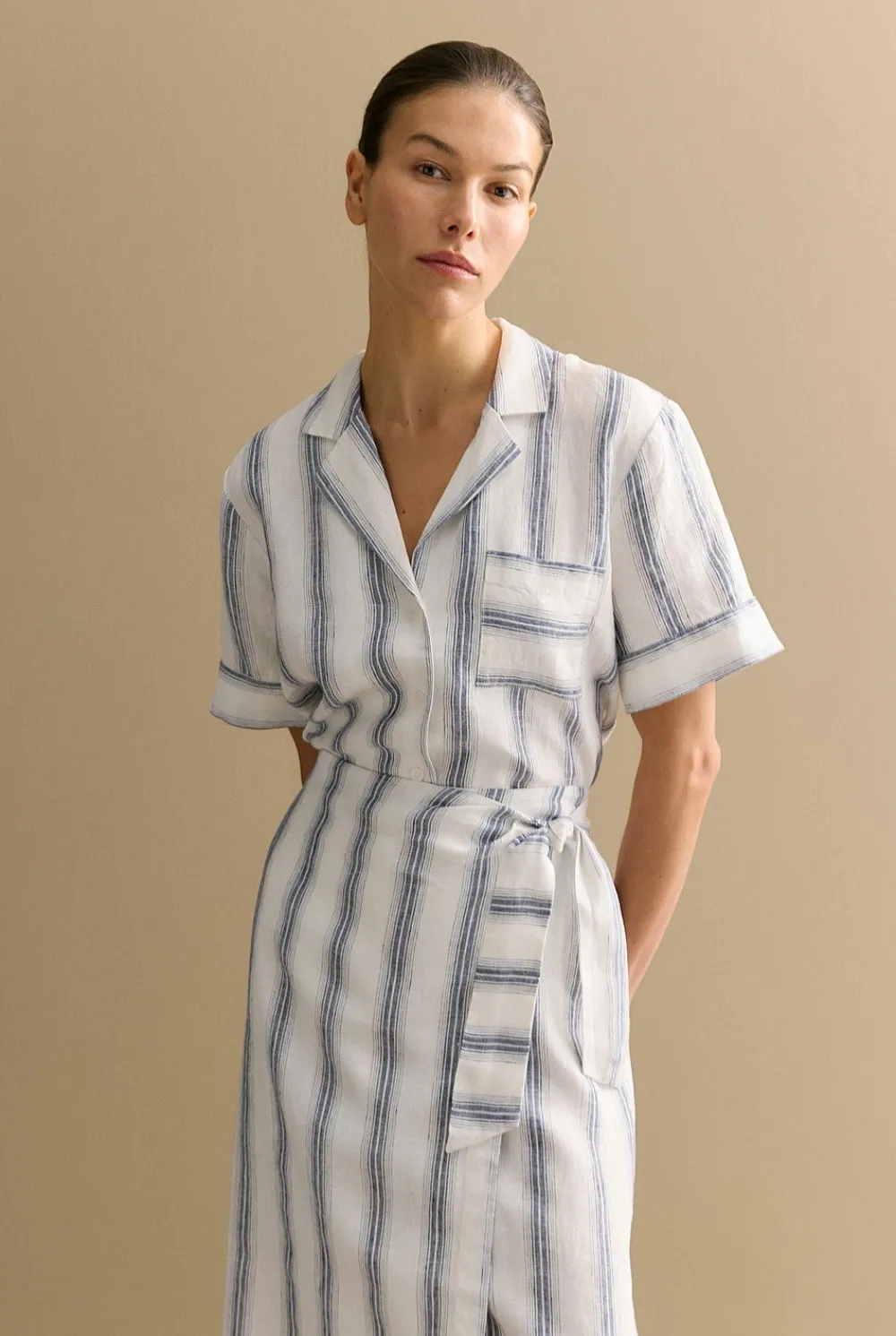 Shirts|The Linen Edit>Trenery Linen Shadow Stripe Camp Shirt White