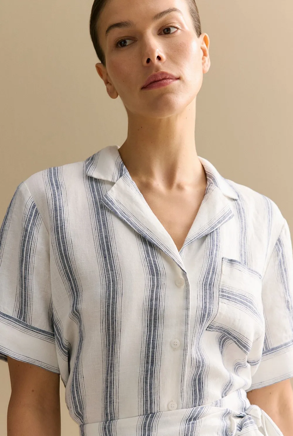 Shirts|The Linen Edit>Trenery Linen Shadow Stripe Camp Shirt White