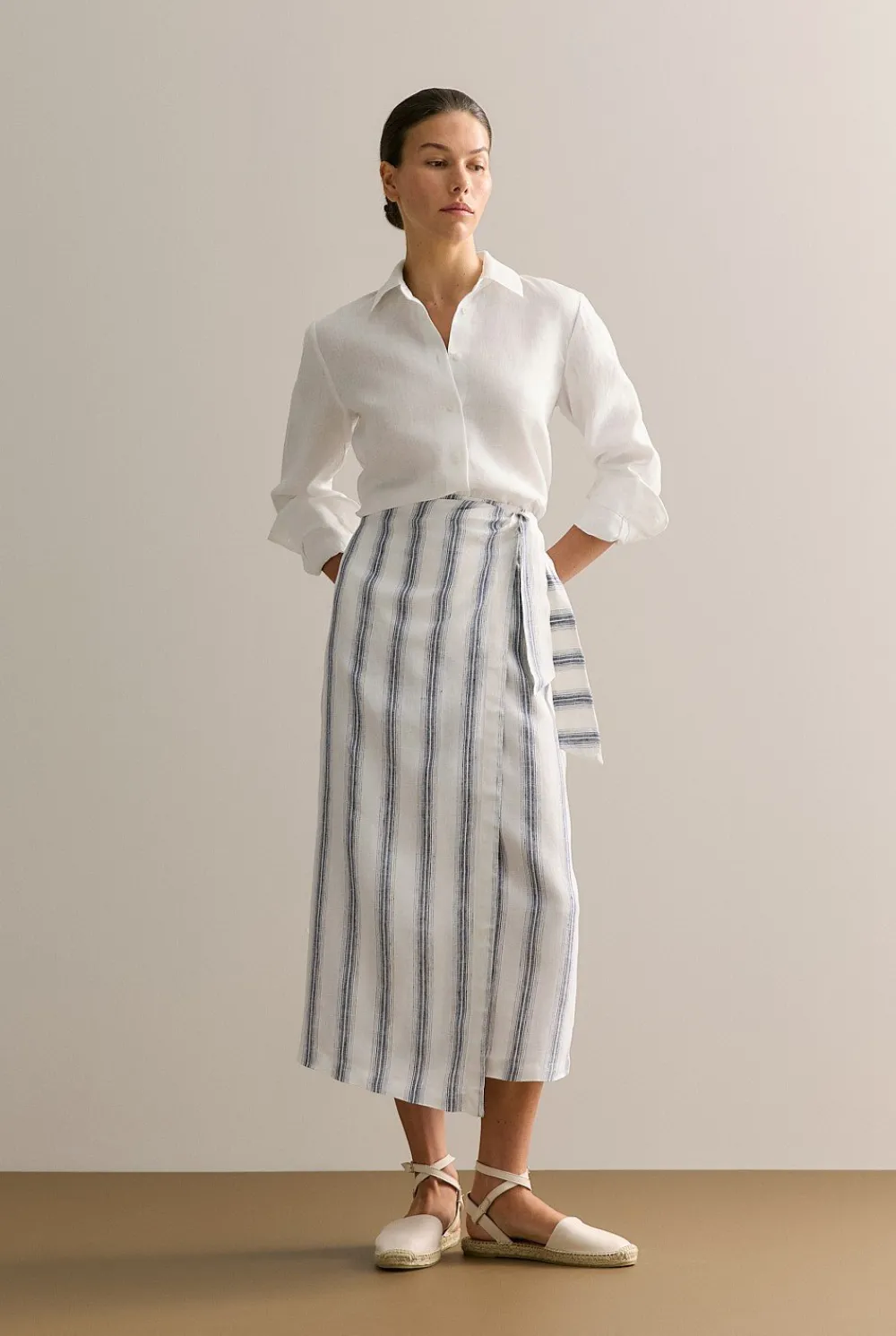 Skirts|Occasion Dresses & Outfits>Trenery Linen Shadow Stripe Wrap Detail Skirt White