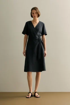 Dresses|The Linen Edit>Trenery Linen Short Sleeve Wrap Dress Black