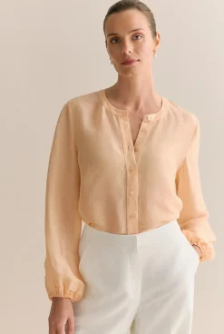 Shirts|Occasion Dresses & Outfits>Trenery Linen Silk Collarless Long Sleeve Blouse PaleApricot