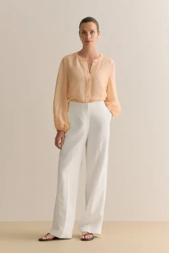 Shirts|Occasion Dresses & Outfits>Trenery Linen Silk Collarless Long Sleeve Blouse PaleApricot
