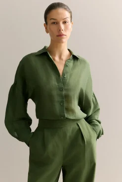 Shirts|Occasion Dresses & Outfits>Trenery Linen Silk Relaxed Blouson Sleeve Shirt Ivy