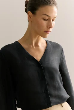 Shirts>Trenery Linen Silk V Neck Blouse Black