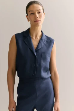 Shirts|The Linen Edit>Trenery Linen Sleeveless Shirt Navy