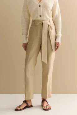 The Linen Edit>Trenery Linen Twill Belted Straight Leg Pant Pebble