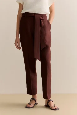The Linen Edit>Trenery Linen Twill Belted Straight Leg Pant Chocolate