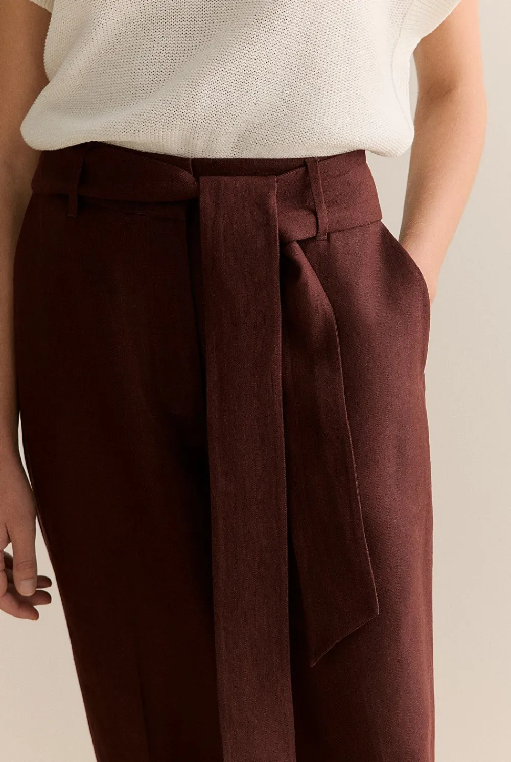 The Linen Edit>Trenery Linen Twill Belted Straight Leg Pant Chocolate