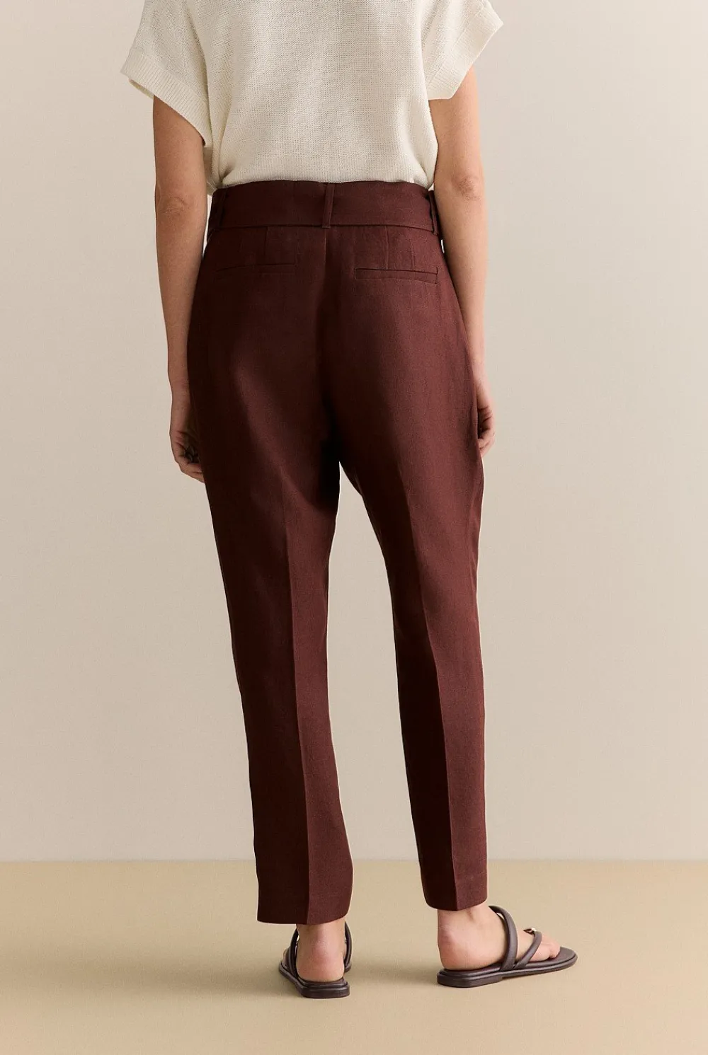 The Linen Edit>Trenery Linen Twill Belted Straight Leg Pant Chocolate