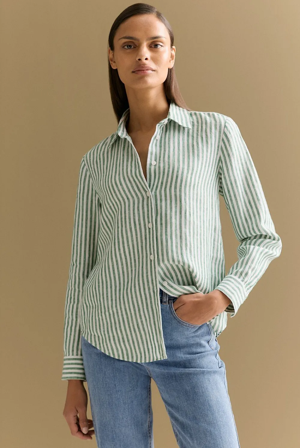 Shirts>Trenery Linen Yarn Dyed Stripe Classic Shirt Evergreen
