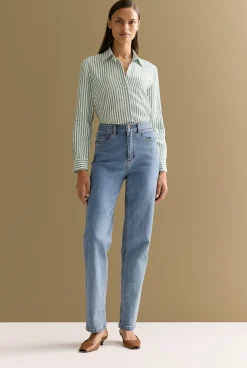 Shirts>Trenery Linen Yarn Dyed Stripe Classic Shirt Evergreen