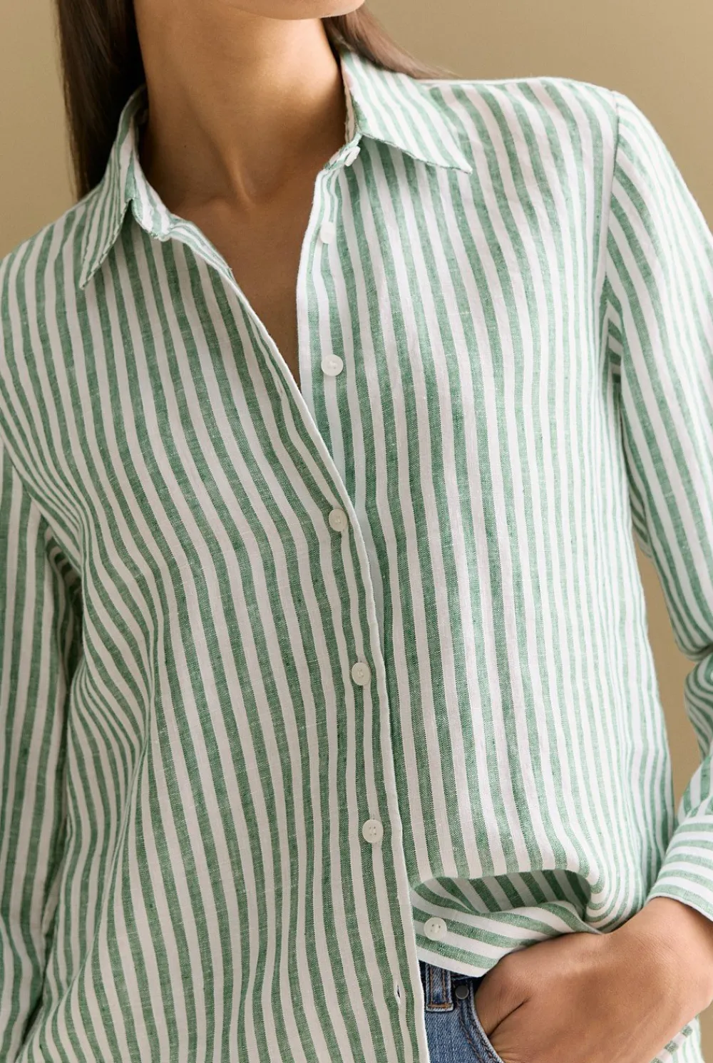 Shirts>Trenery Linen Yarn Dyed Stripe Classic Shirt Evergreen