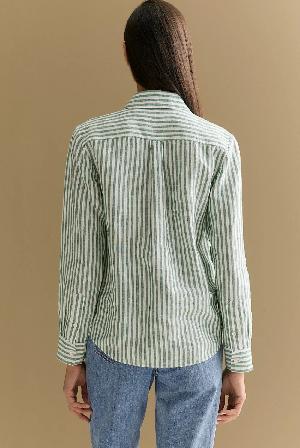 Shirts>Trenery Linen Yarn Dyed Stripe Classic Shirt Evergreen