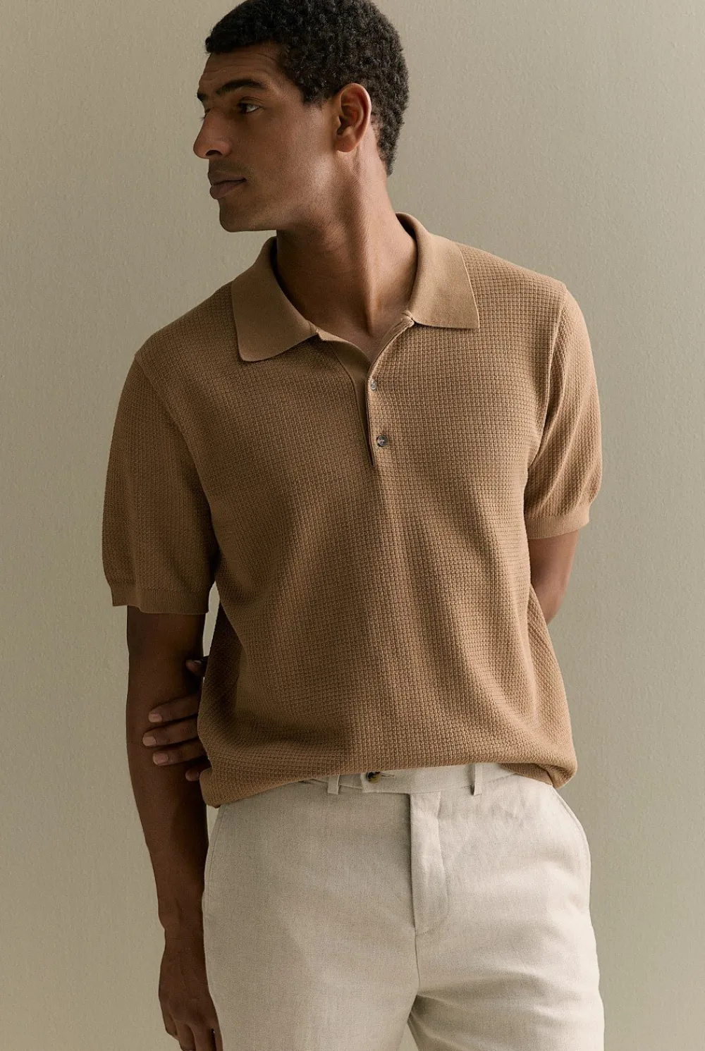 Knitwear>Trenery Mercerised Cotton Textured Knit Polo Cognac