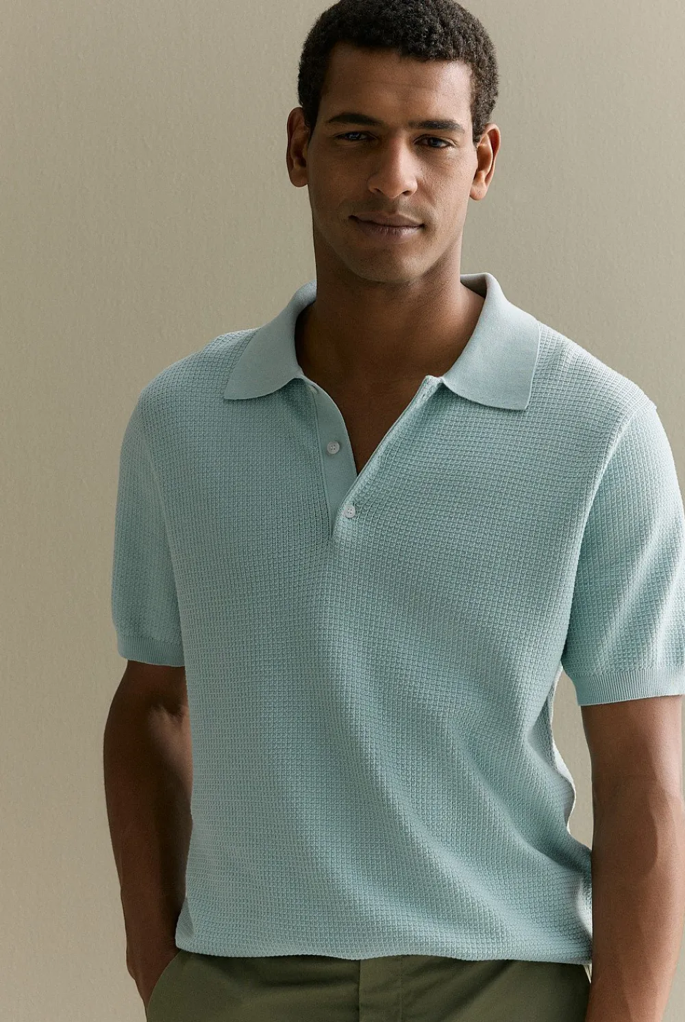 Polo Shirts|Knitwear>Trenery Mercerised Cotton Textured Knit Polo MineralGreen
